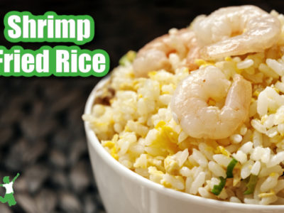 shrimp fried rice in a white bowl