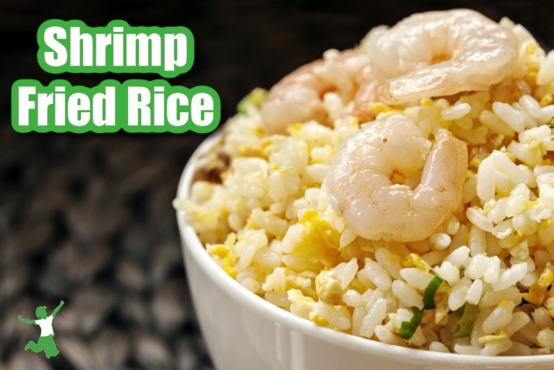 shrimp fried rice in a white bowl