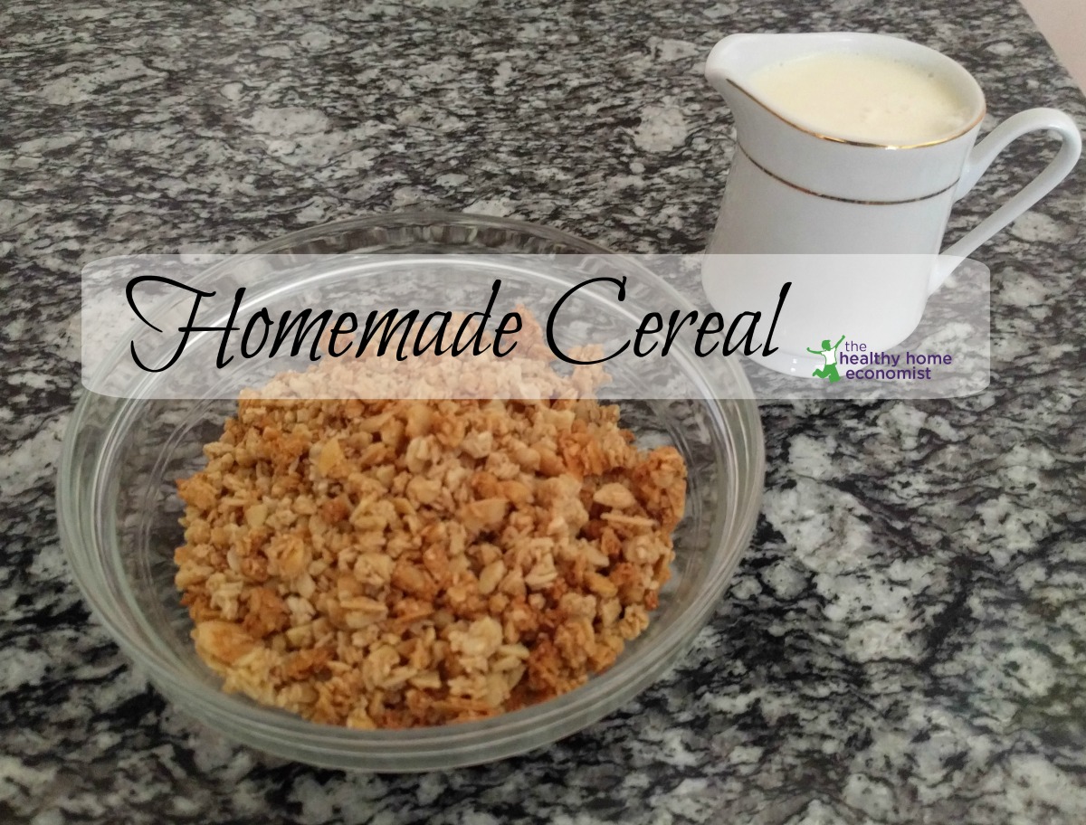 homemade breakfast cereal in glass bowl with milk