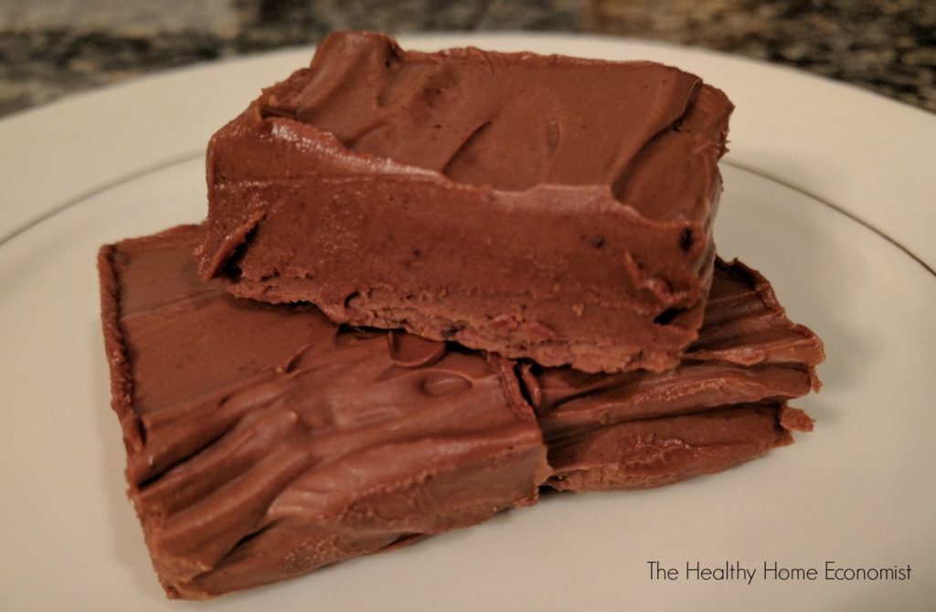 chocolate nut butter fudge sliced on a plate