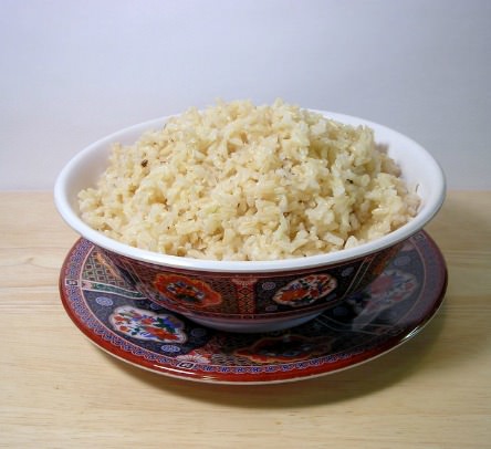 macrobiotic brown rice in a ming bowl