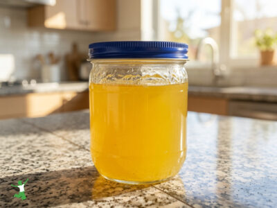 homemade stovetop ghee in glass jar on granite counter