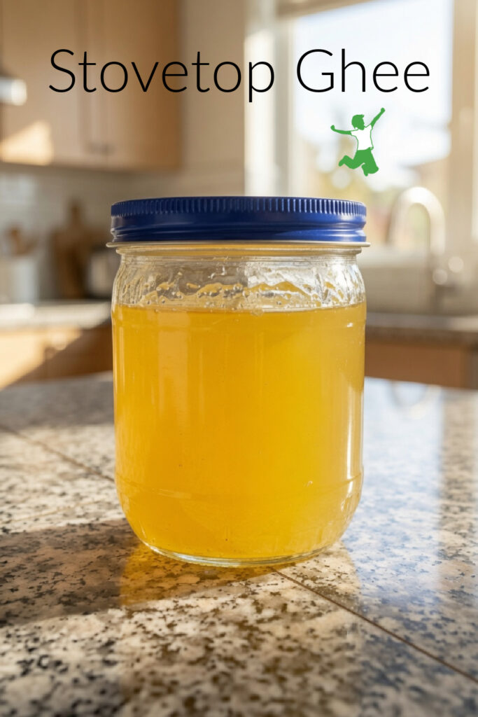 stovetop grassfed ghee in glass jar with blue lid