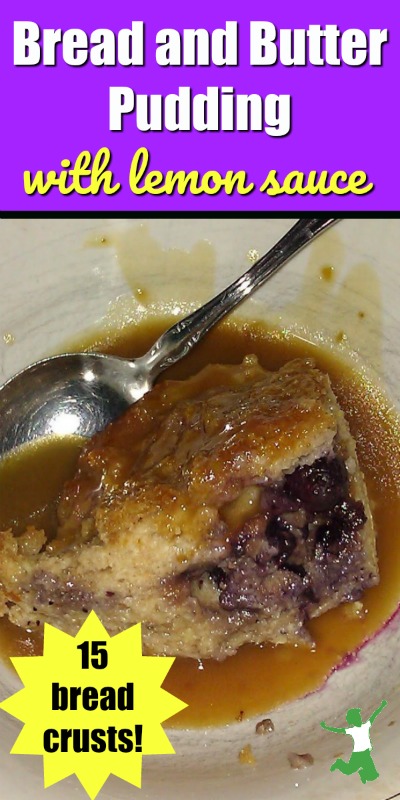 bread pudding with lemon sauce in a bowl with a spoon