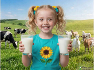 little girl holding a glass of cow milk and a glass of goat milk