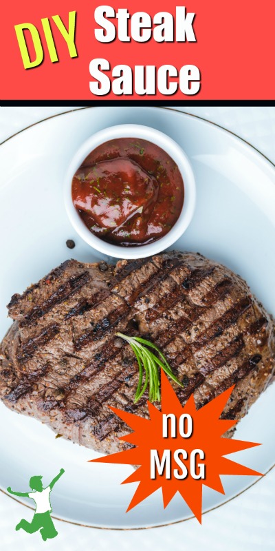 healthy steak sauce in a white cup on a dinner plate