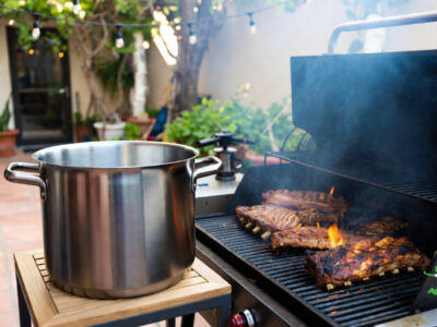 barbecue bone broth near a grill