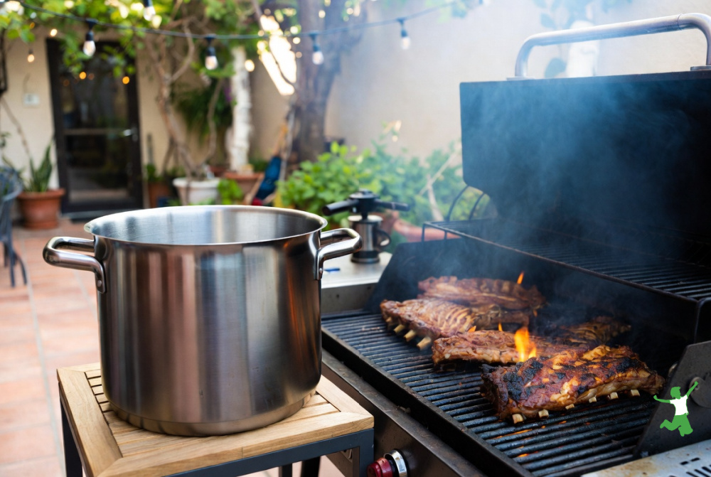 barbecue bone broth near a grill