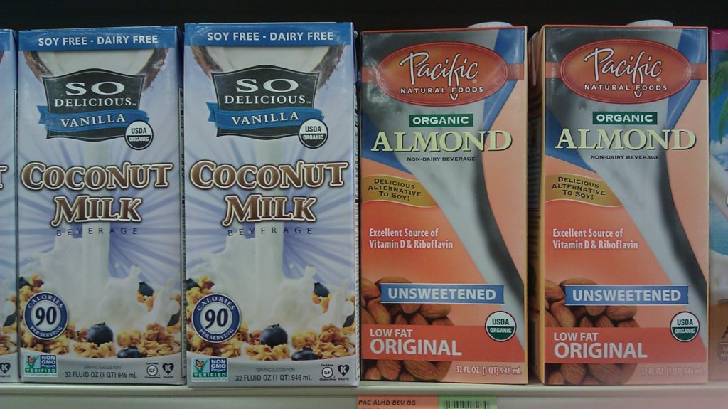 coconut and almond milk in cartons