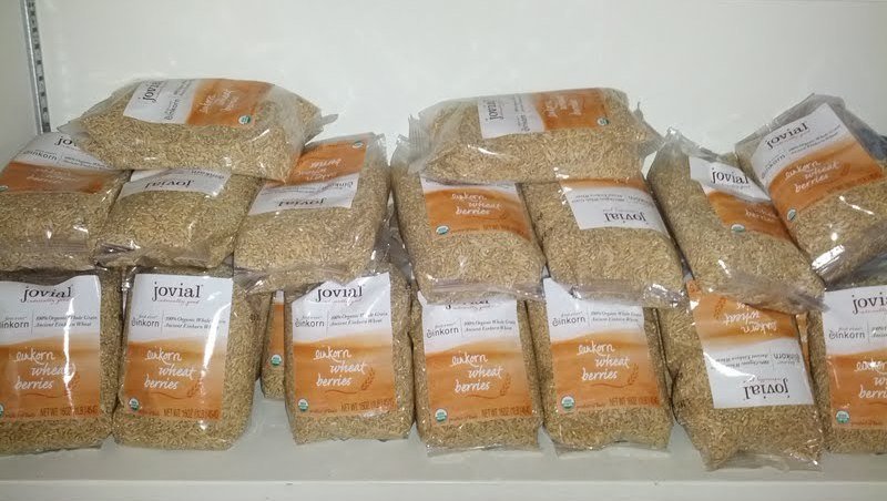 bags of einkorn wheat on a pantry shelf