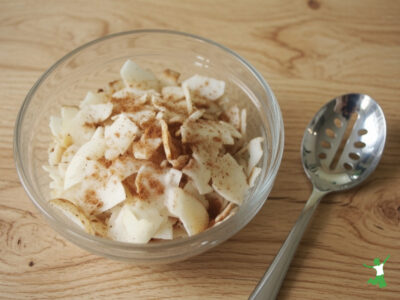 low carb coconut snack chips in glass bowl with spoon