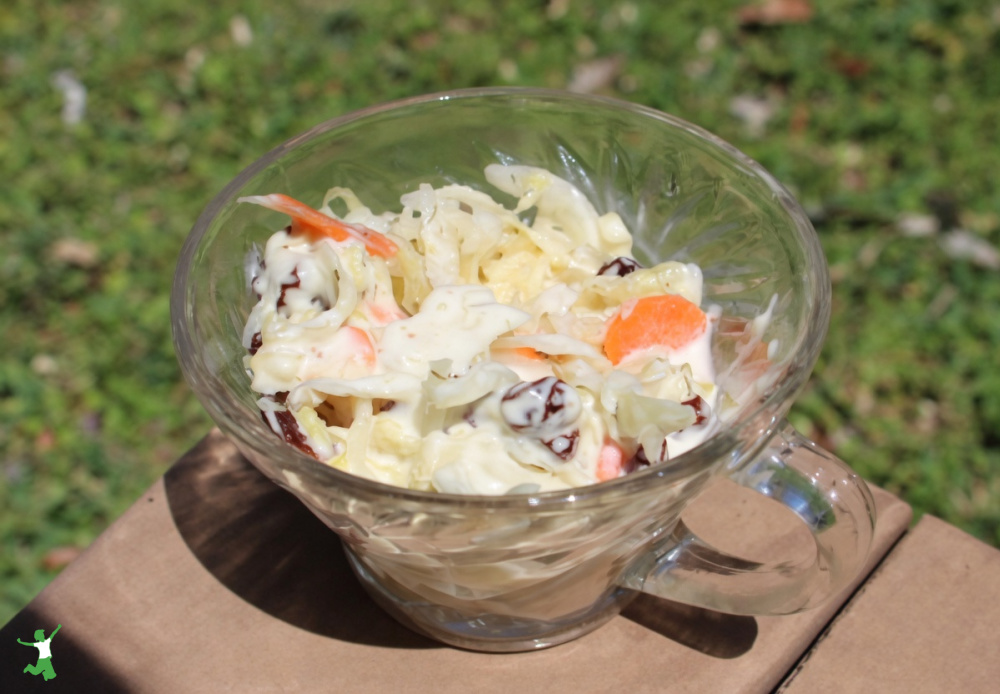 fermented coleslaw with raisins in a glass bowl