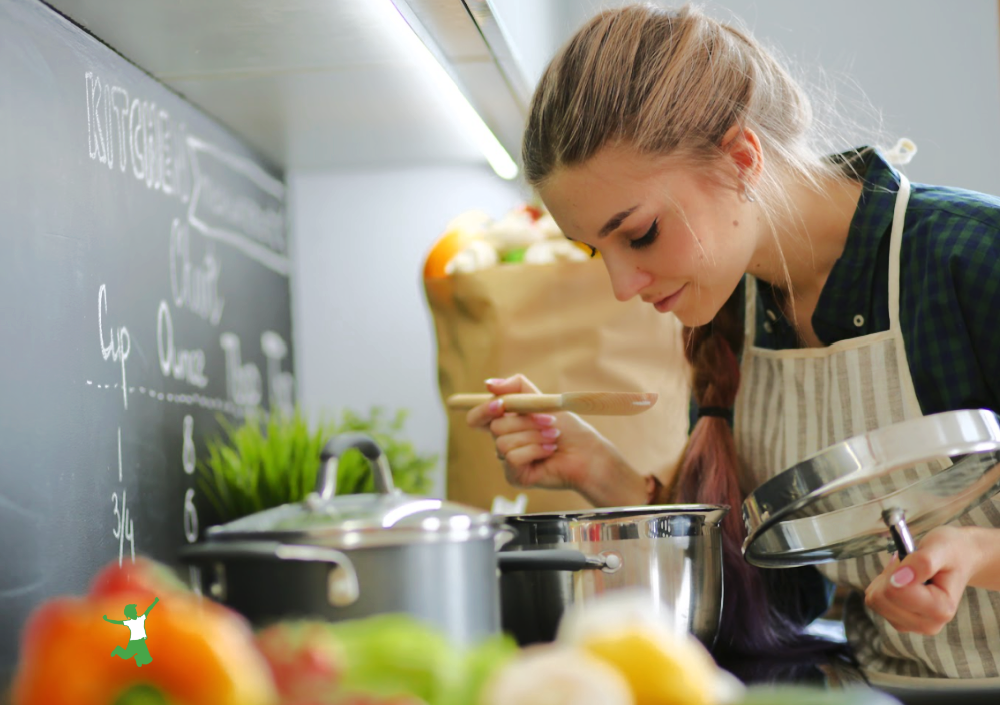 woman cooking Italian vegetable soup with miso base
