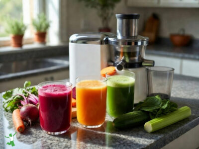 fresh pressed juices with vegetables on granite counter