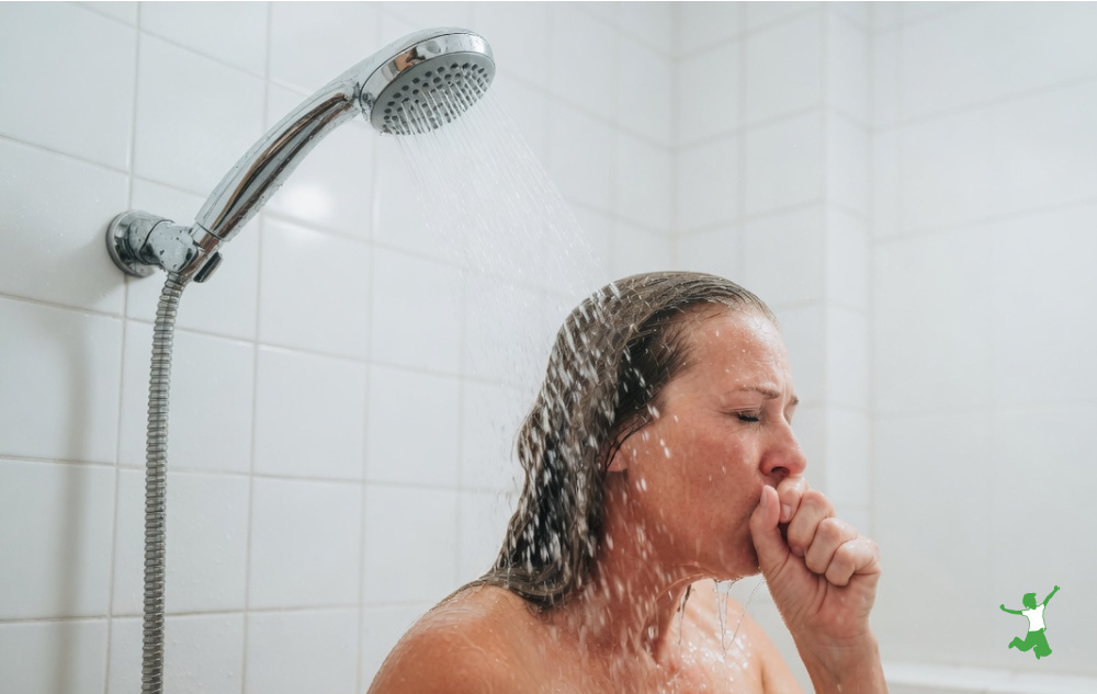 sick woman taking a shower using a contaminated showerhead
