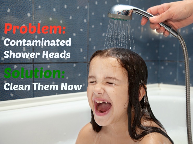 child bathing with a contaminated shower head