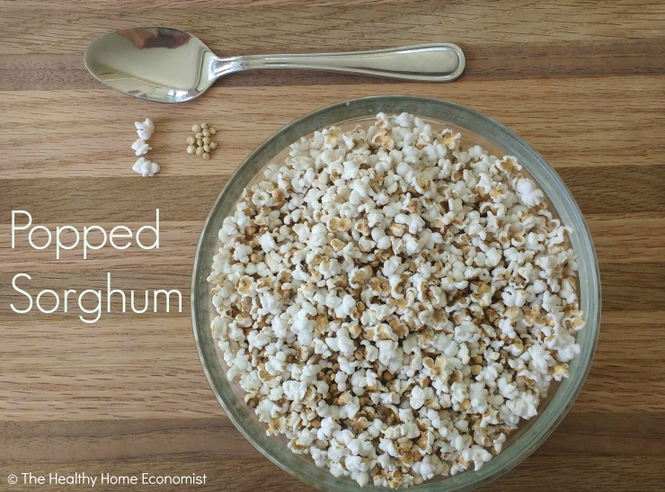 bowl of popped sorghum on a cutting board