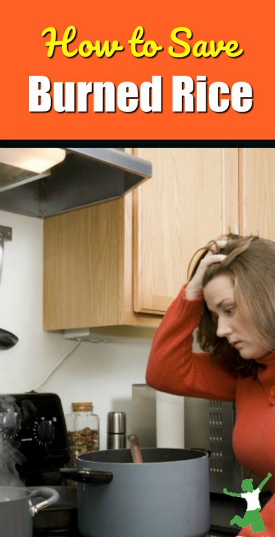 frazzled woman with a pot of burnt rice on the stove