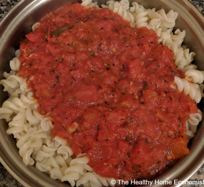 red sauce over quinoa pasta