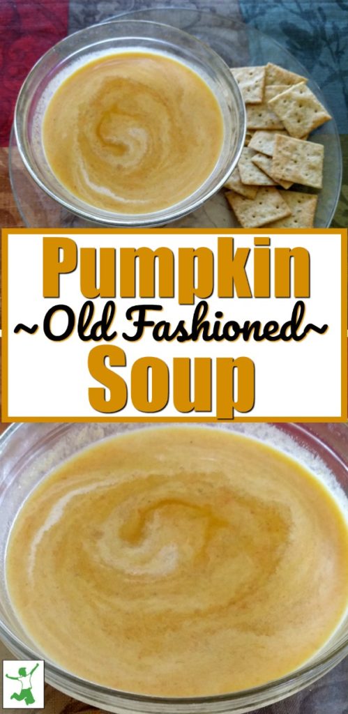 old fashioned pumpkin soup in a glass bowl with crackers