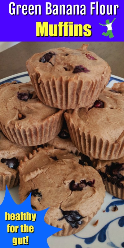 banana flour muffins stacked on a china platter