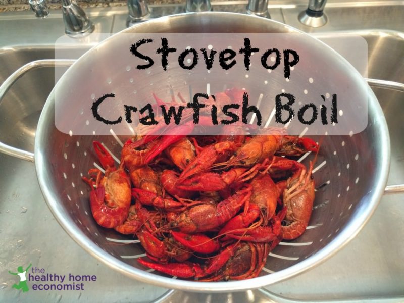 pot of cooked crawfish in a strainer