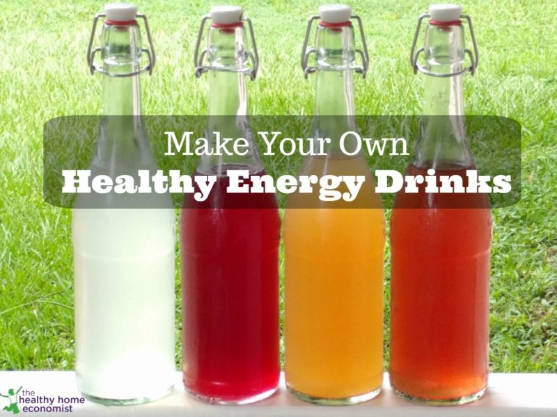 four glass bottles of natural DIY energy drinks