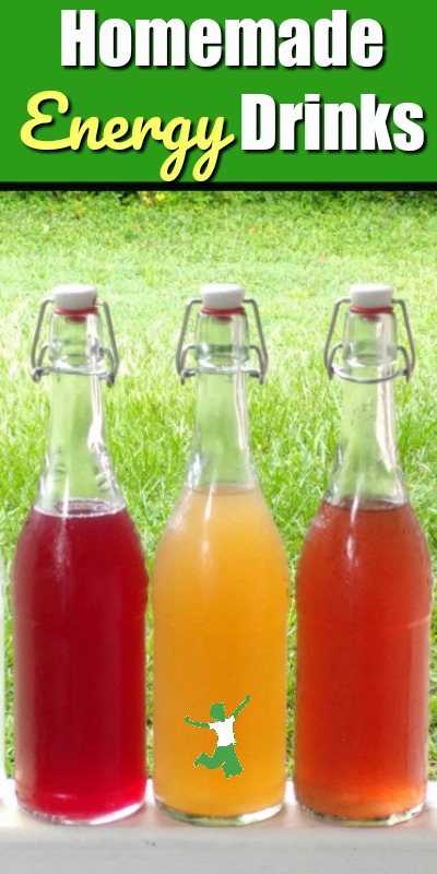 three bottles of homemade energy drinks on white porch railing