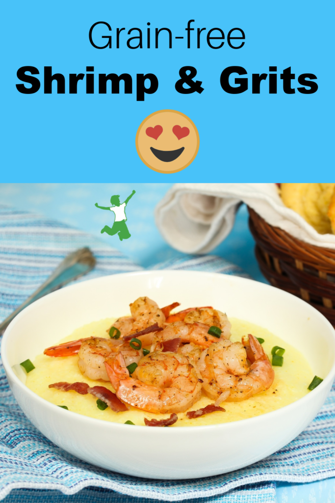 low carb shrimp and grits in white bowl