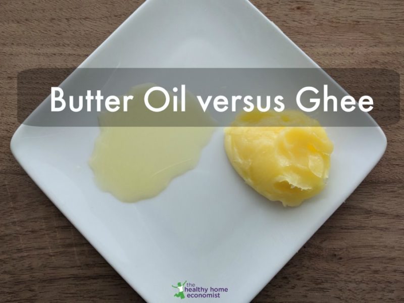 butter oil and ghee on a white plate with wooden background