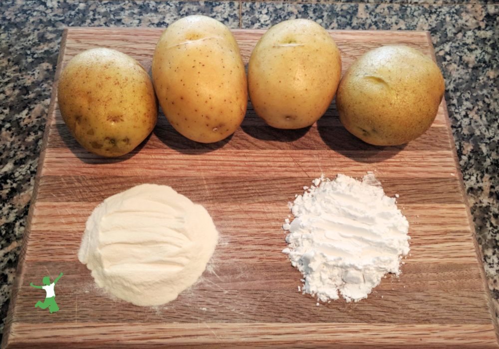 potato starch and flour on a wooden cutting board