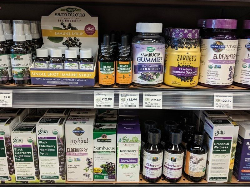 healthfood store elderberry syrup and gummies