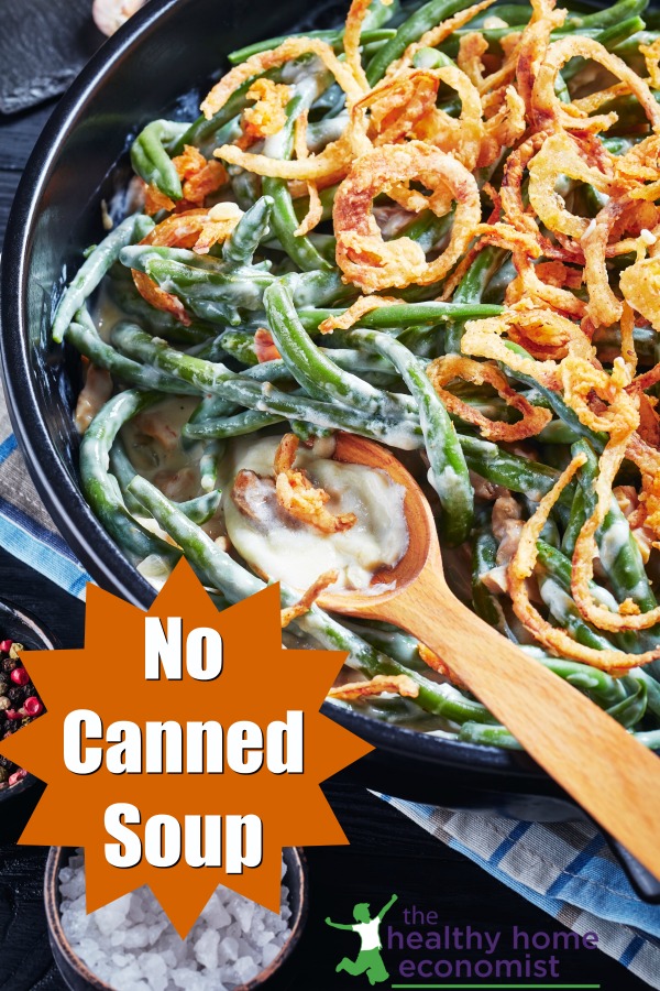 healthy green bean casserole in a cast iron skillet