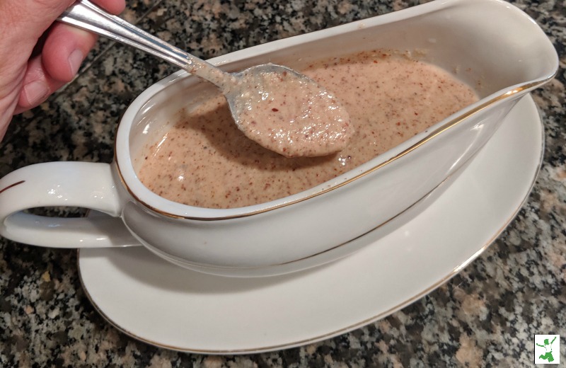 low carb gravy in a white sauce boat