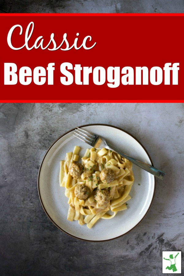 old fashioned beef stroganoff on a white plate