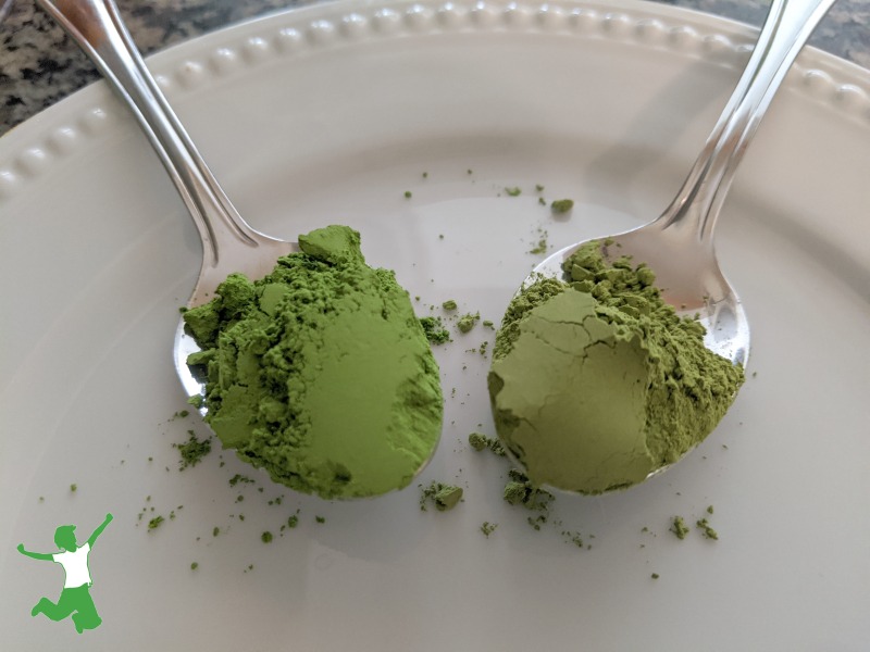 spoonful of decaf matcha and regular matcha tea on a white plate