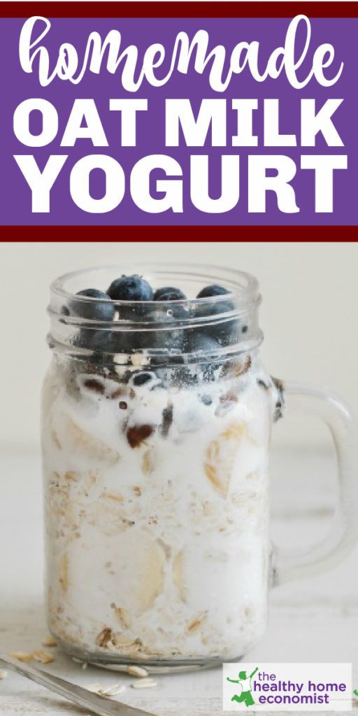 oat milk yogurt in a mason jar topped with blueberries and oatmeal