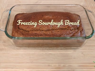 loaf of sourdough in a glass pan on a breadboard