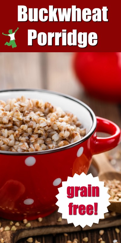 bowl of hot buckwheat cereal with a wooden spoon