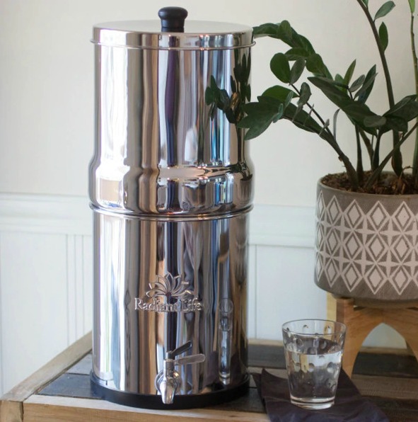 countertop gravity water filter on a table