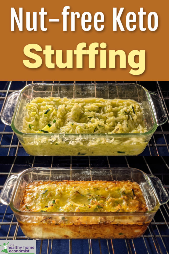 nut-free keto stuffing in a glass baking dish