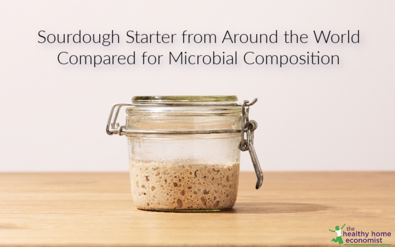 sourdough starter in a jar on a wooden counter