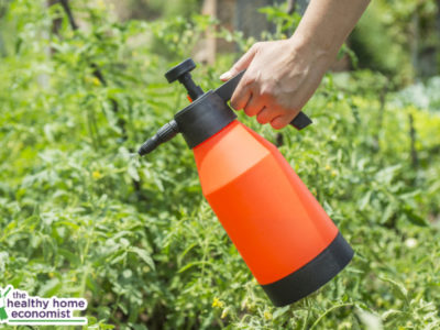 woman with safe pesticides in gallon sprayer