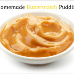 bowl of homemade butterscotch pudding with a white background