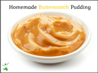 bowl of homemade butterscotch pudding with a white background