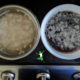 sprouted black beans soaking in a white bowl