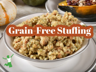 grain free keto stuffing in a while bowl with saucer