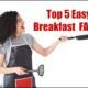 woman in apron with a fry pan and spatula making breakfast