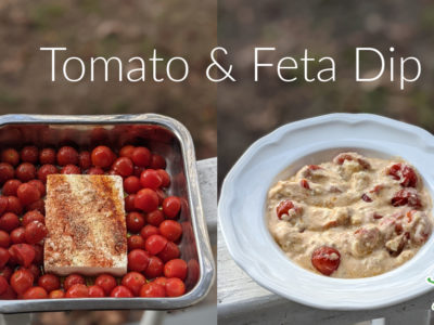 cherry tomatos and feta cheese dip before and after baking