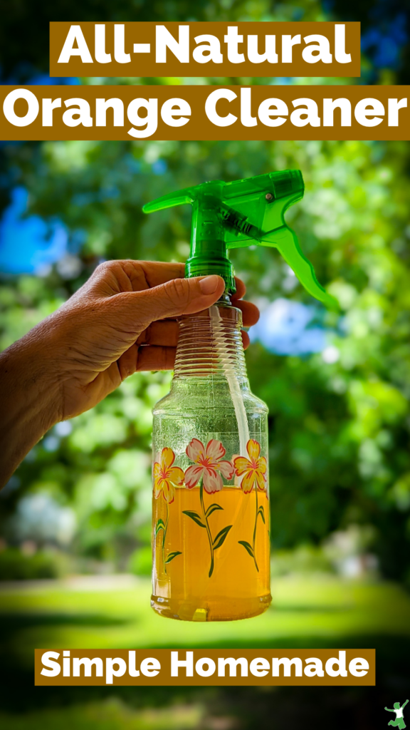 woman holding homemade orange cleaner spray bottle tree background